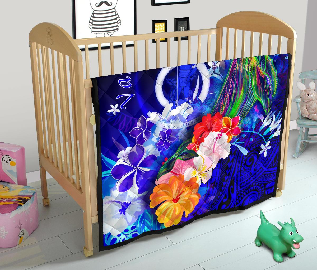 Vanuatu Premium Quilt - Humpback Whale with Tropical Flowers (Blue) - Polynesian Pride