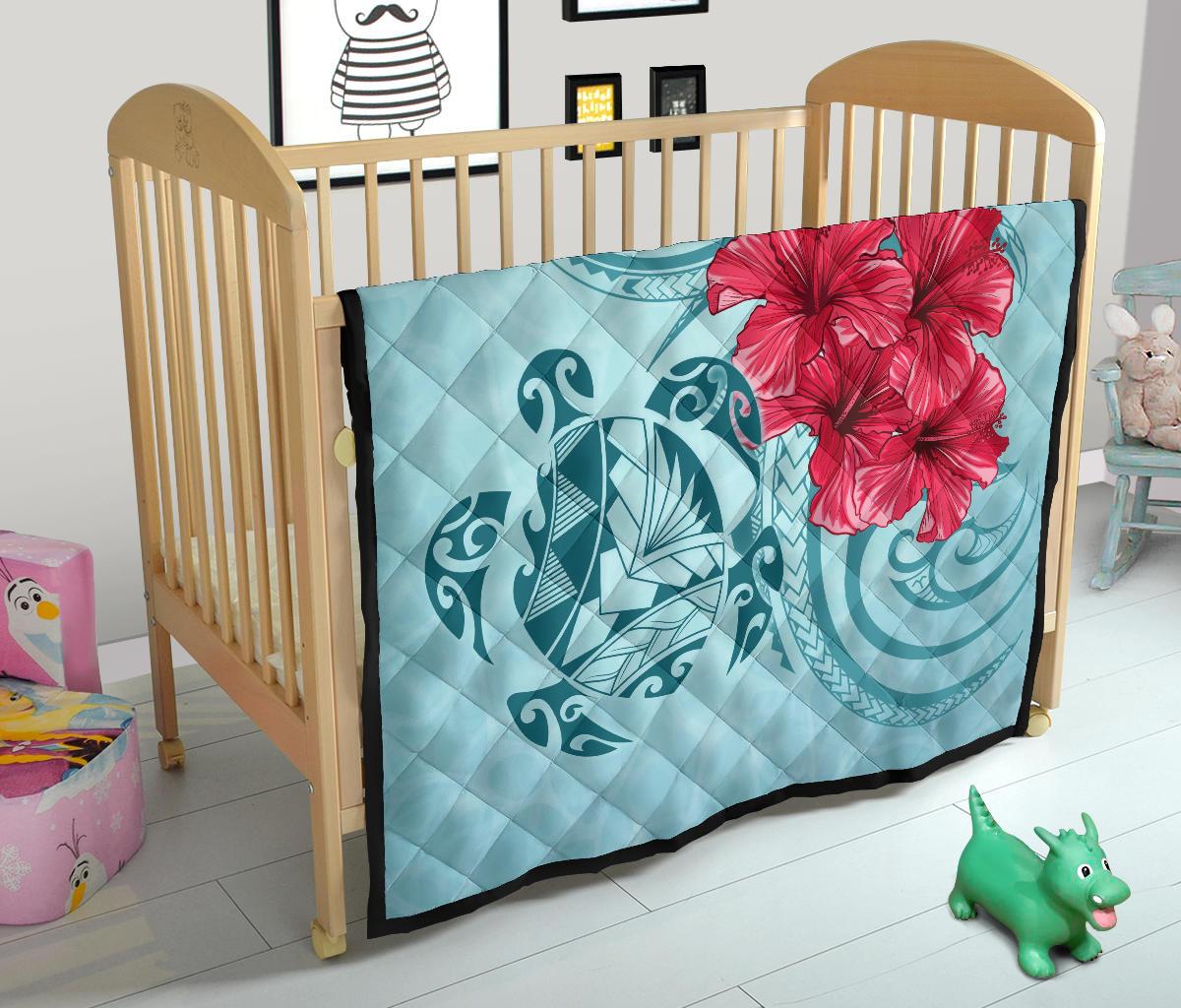 Hawaii Polynesian Turtle Hibiscus Blue Premium Quilt - Bless Style - Polynesian Pride