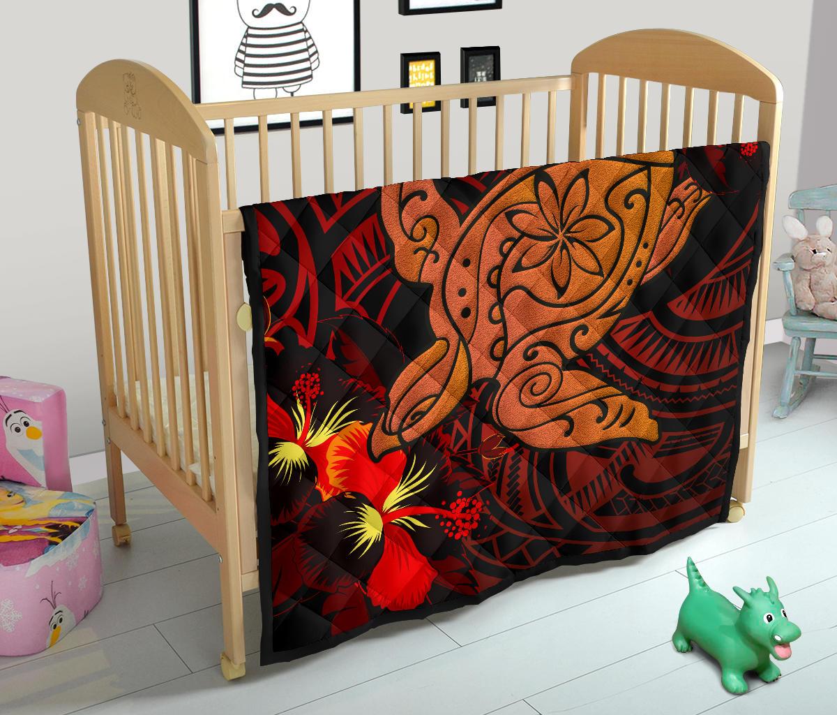 Hawaii Hibiscus Polynesian Red Big Turtle Premium Quilt - Polynesian Pride