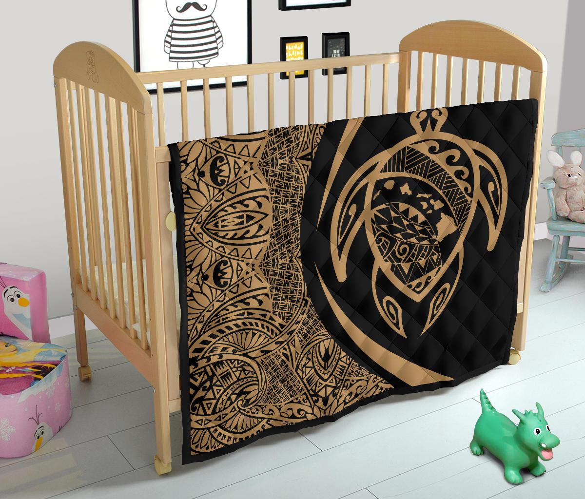 Hawaii Turtle Map Polynesian Premium Quilt - Gold - Circle Style - Polynesian Pride