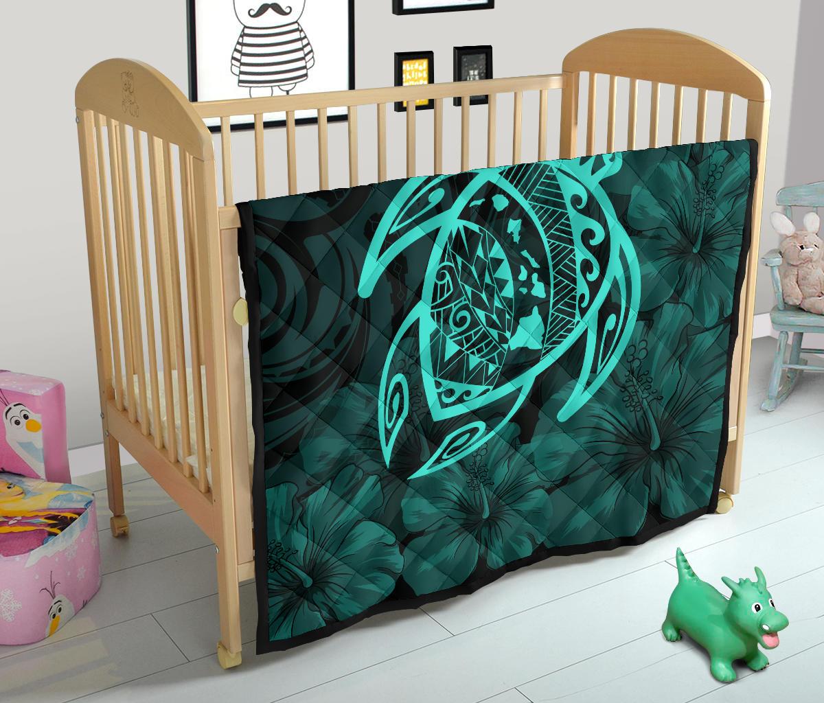 Hawaii Turtle Kanaka Map Hibiscus Poly Premium Quilt - Turquoise - Polynesian Pride