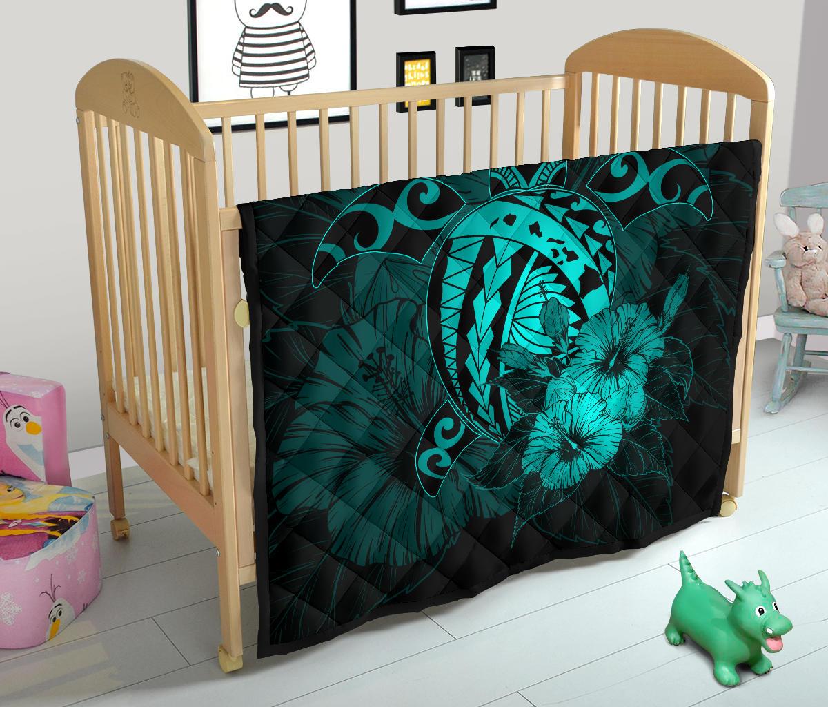 Hawaii Hibiscus Premium Quilt - Harold Turtle - Turquoise - Polynesian Pride