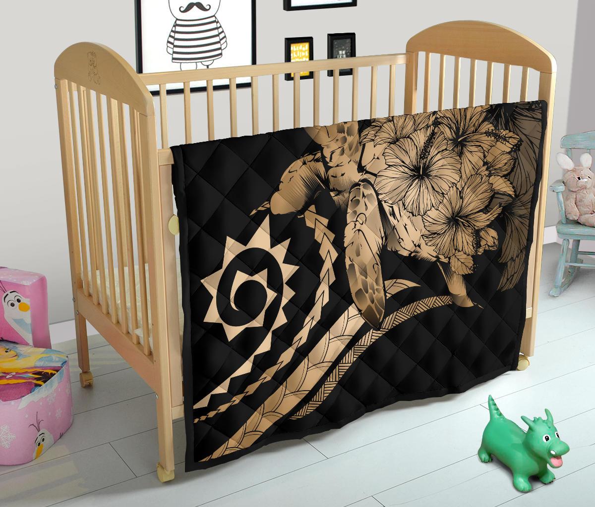 Hawaii Turtle Hibiscus Polynesian Vintage Premium Quilt - Gold - Polynesian Pride