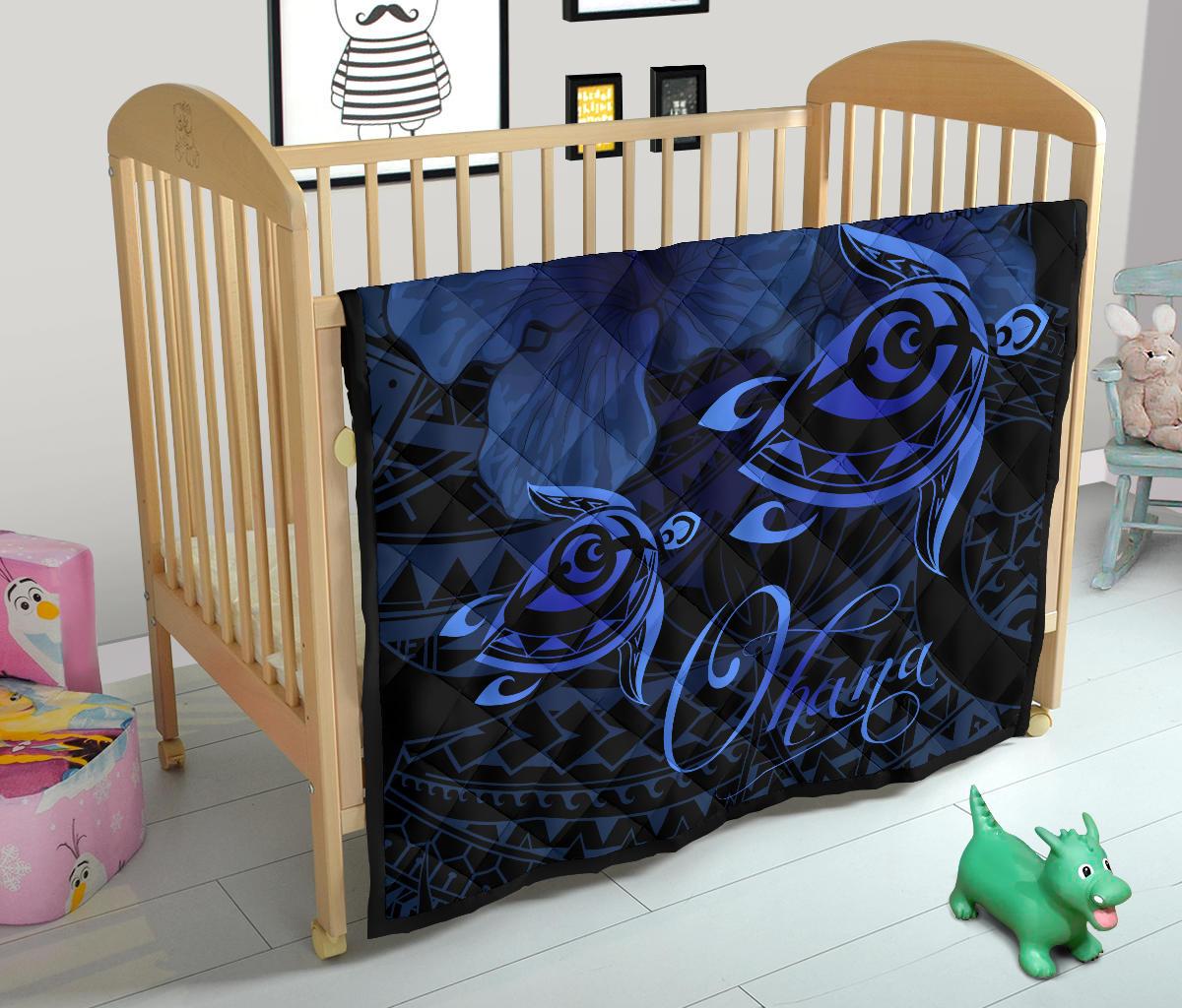 Hawaii Turtle Ohana Hibiscus Poly Premium Quilt Blue - Polynesian Pride