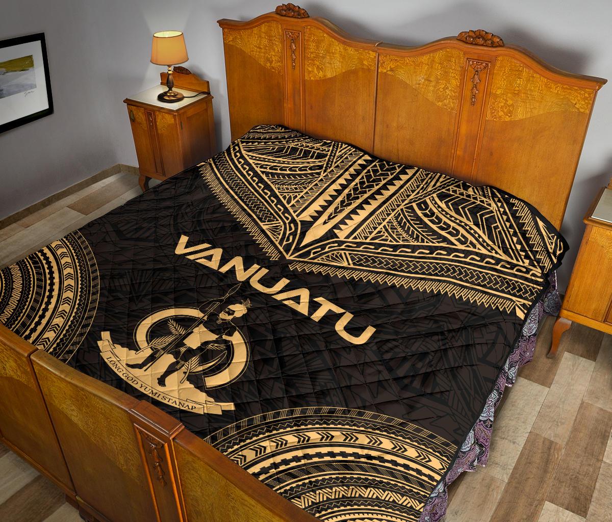 Vanuatu Premium Quilt - Vanuatu Coat Of Arms Polynesian Chief Gold Version - Polynesian Pride