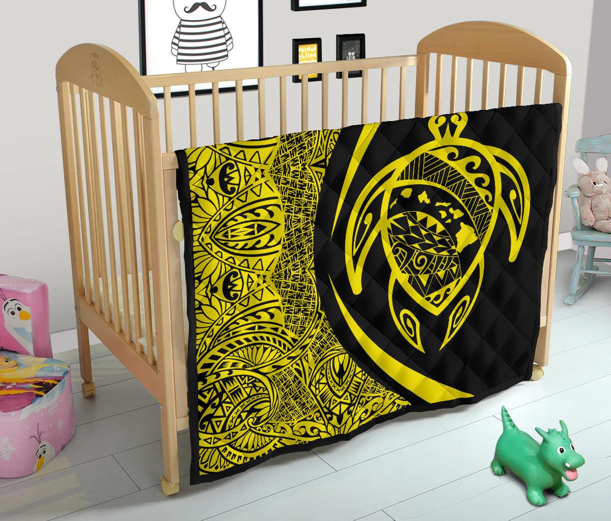 Hawaii Turtle Map Polynesian Premium Quilt - Yellow - Circle Style - Polynesian Pride
