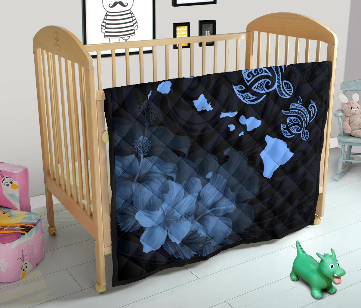 Hawaii Hibiscus Map Polynesian Ancient Blue Premium Quilt - Polynesian Pride