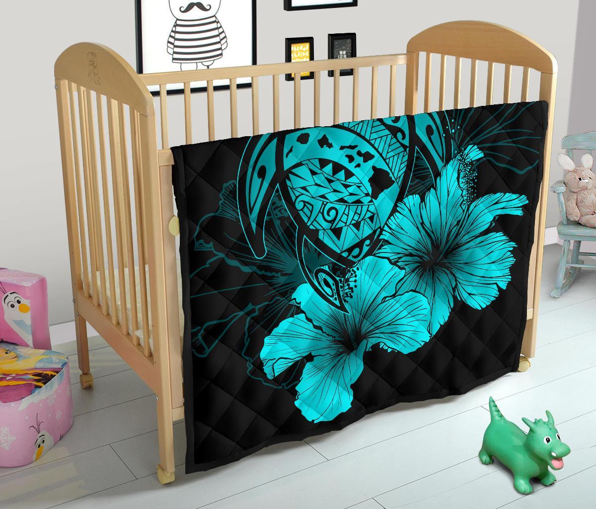 Hawaii Hibiscus Premium Quilt - Turtle Map - Turquoise - Polynesian Pride