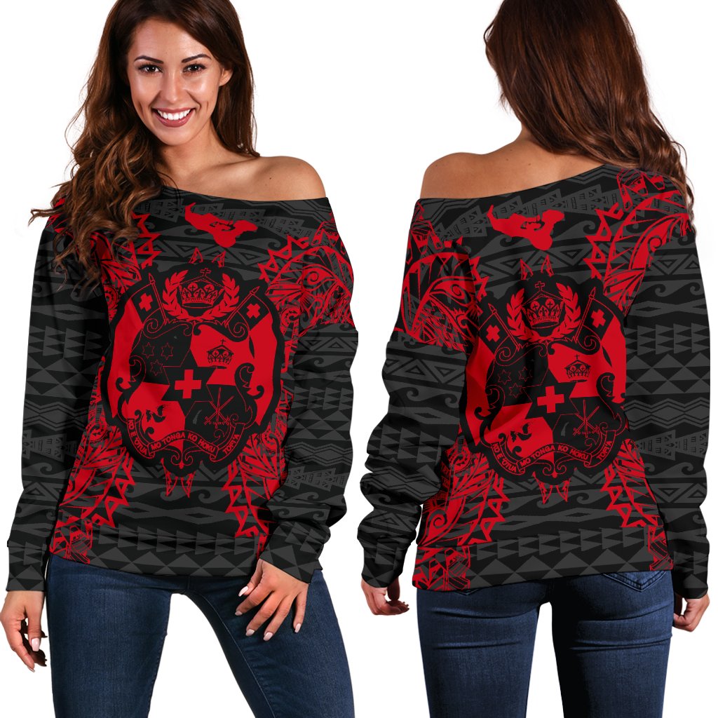 Tonga Polynesian Shoulder Sweater Map Red Red - Polynesian Pride