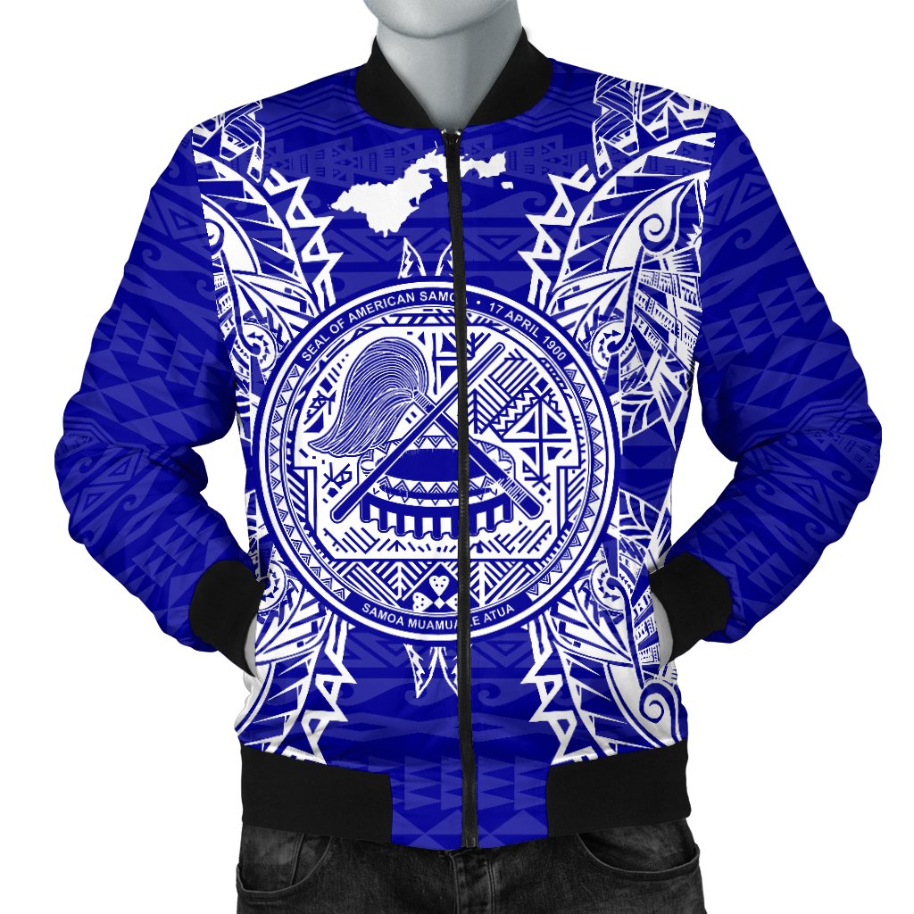 American Samoa Polynesian Men's Bomber Jacket Map Blue Blue - Polynesian Pride