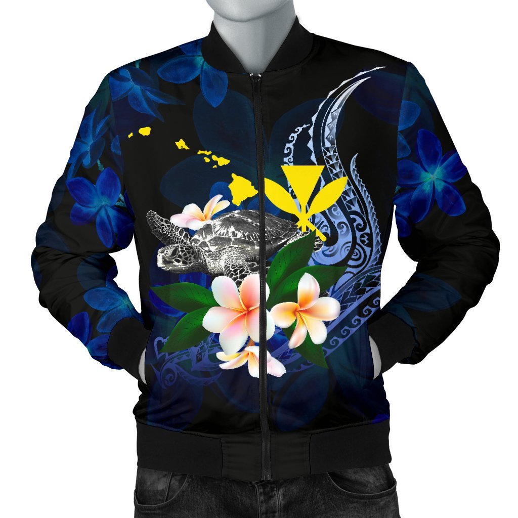 Polynesian Hawaii Men's Bomber Jacket - Turtle With Plumeria Flowers Blue - Polynesian Pride