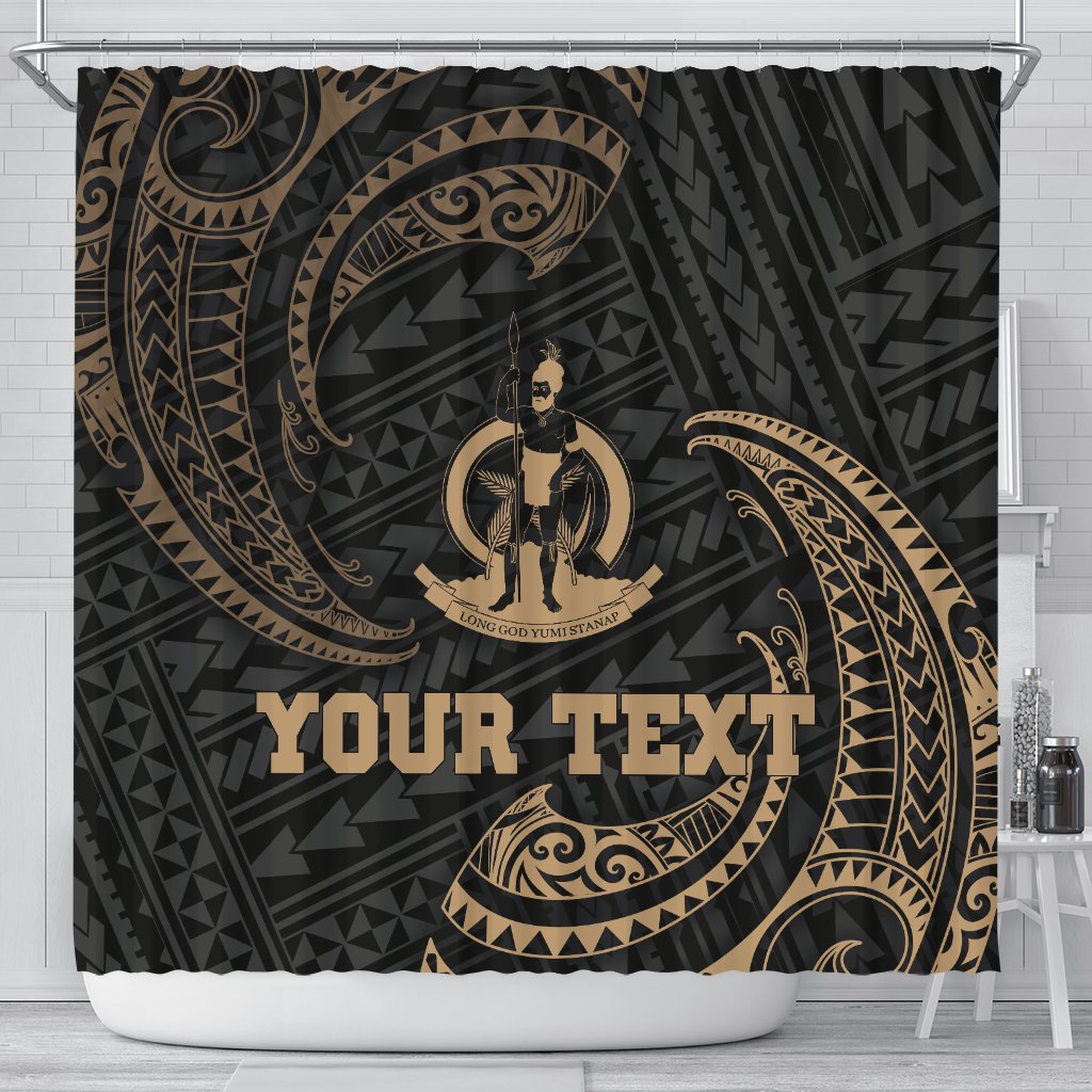 Vanuatu Polynesian Custom Personalised Shower Curtain - Gold Tribal Wave 177 x 172 (cm) Black - Polynesian Pride