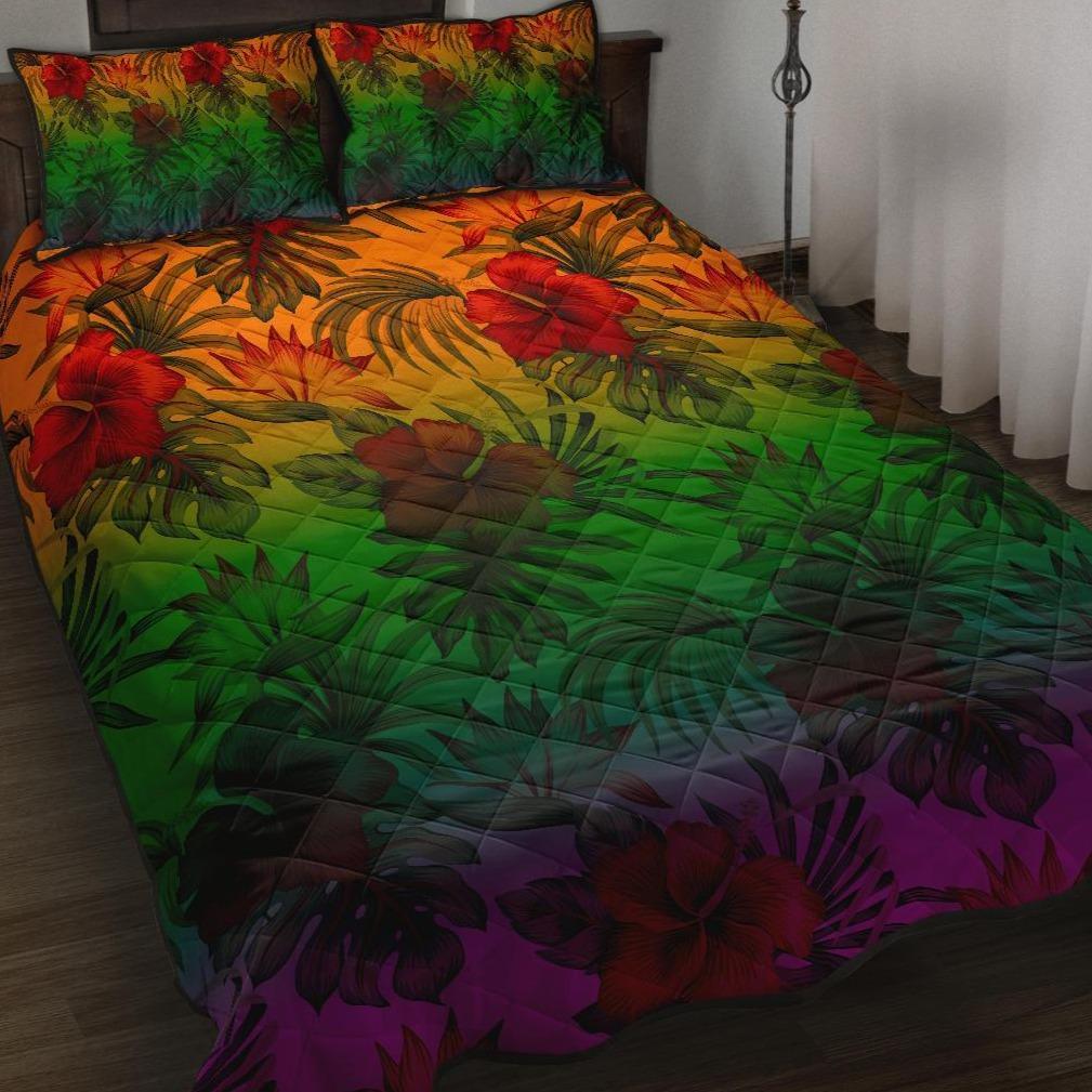 Polynesian Quilt Bed Set - Green Hibiscus Patterns Red - Polynesian Pride