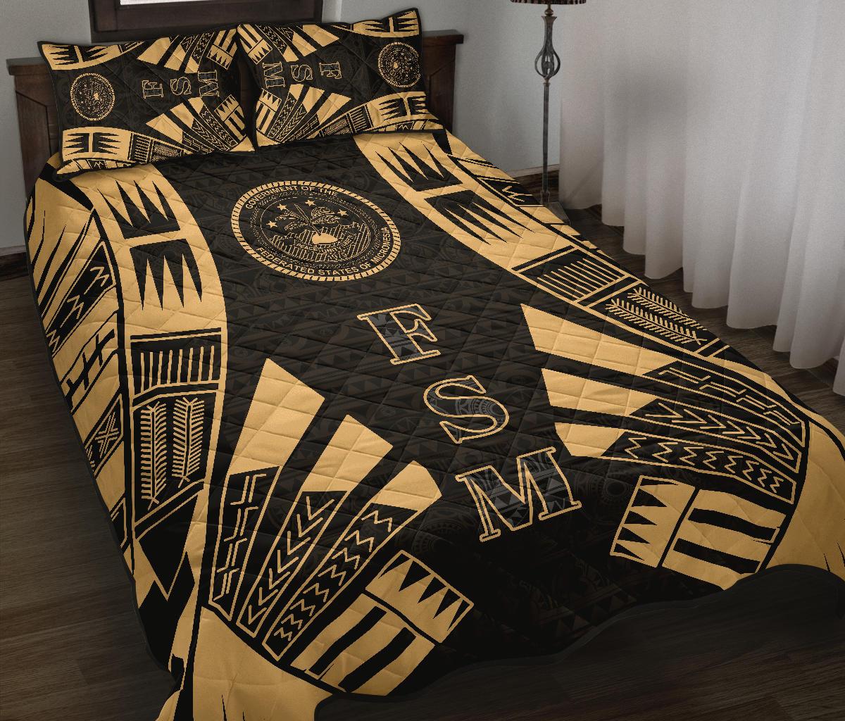 Federated States of Micronesia Quilt Bed Set - Federated States of Micronesia Seal Polynesian Yellow Tattoo Style - Polynesian Pride