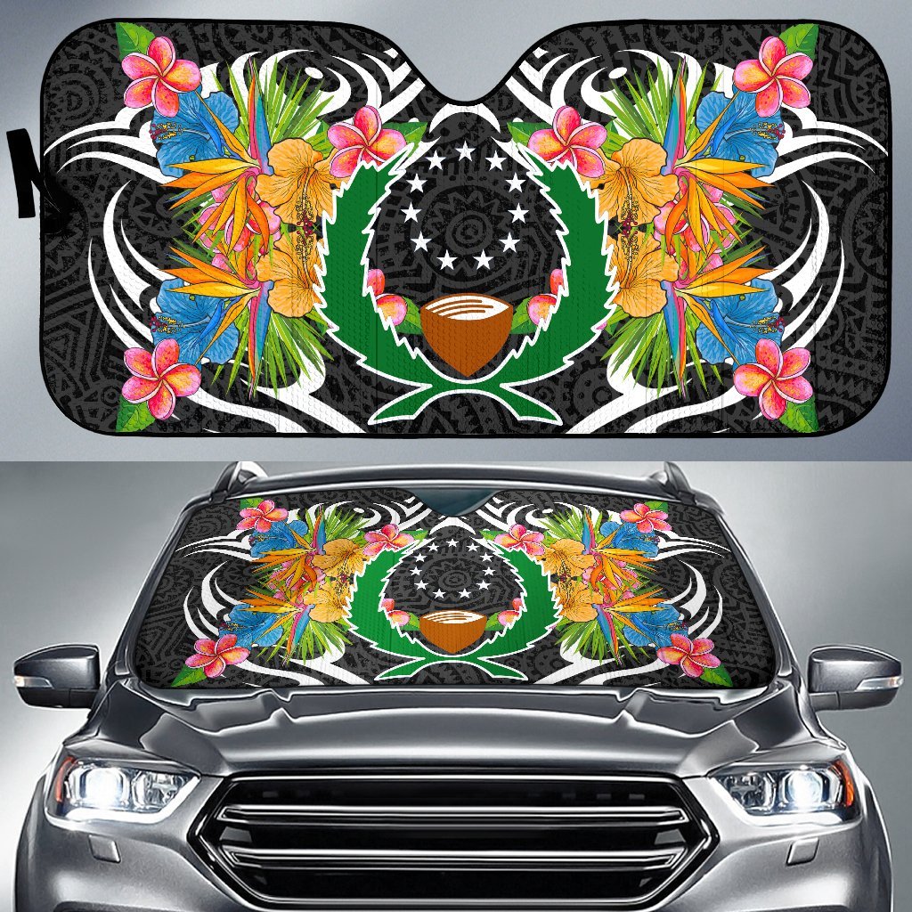 Pohnpei State Auto Sun Shades - Coat Of Arms With Tropical Flowers Auto Sun Shade - Pohnpei State Universal Fit Black - Polynesian Pride