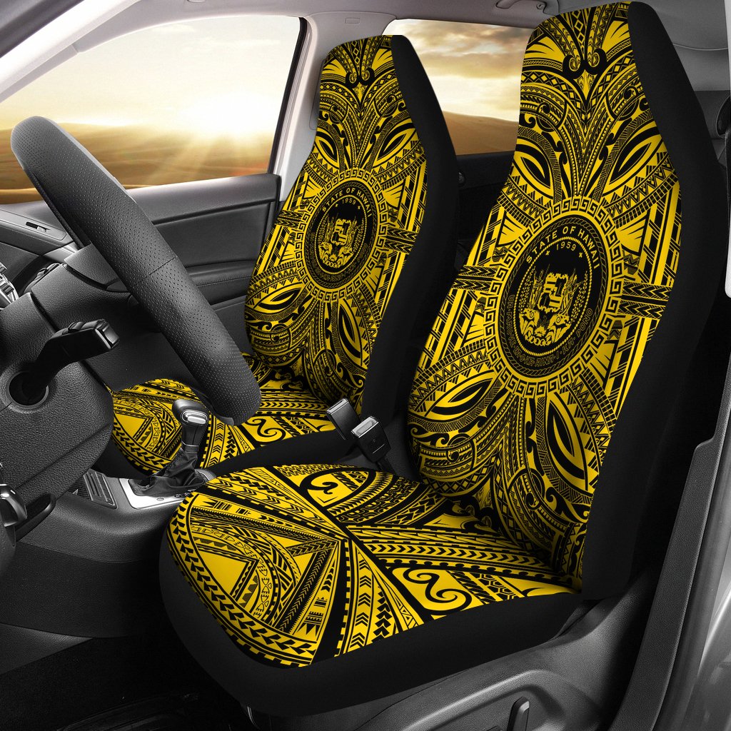 Hawaii Car Seat Cover - Hawaii Coat Of Arms Polynesian Gold Black Universal Fit Gold - Polynesian Pride