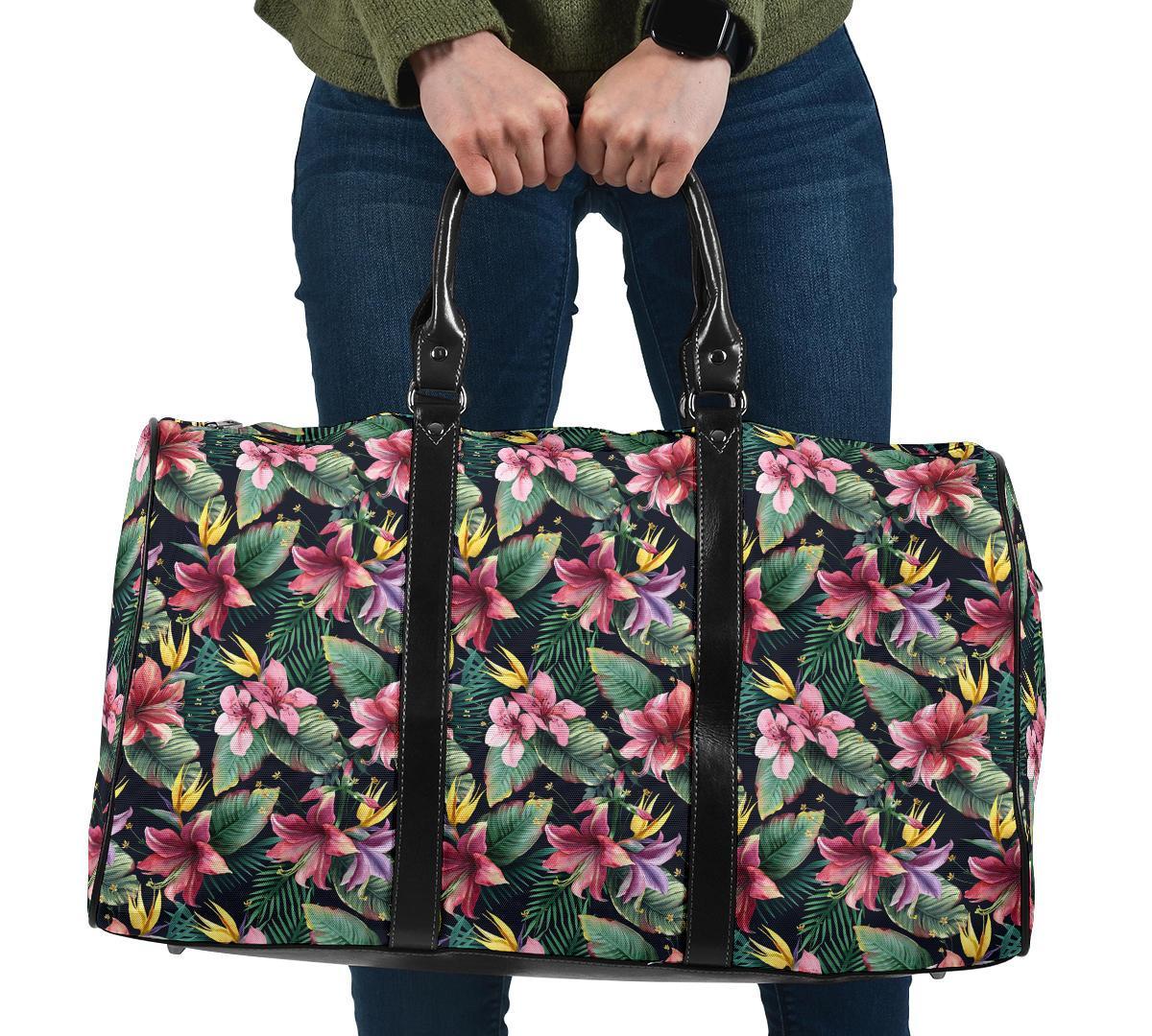 Tropical Flowers, Palm And Leaves Hawaii Travel Bag Travel Bag One size Black - Polynesian Pride