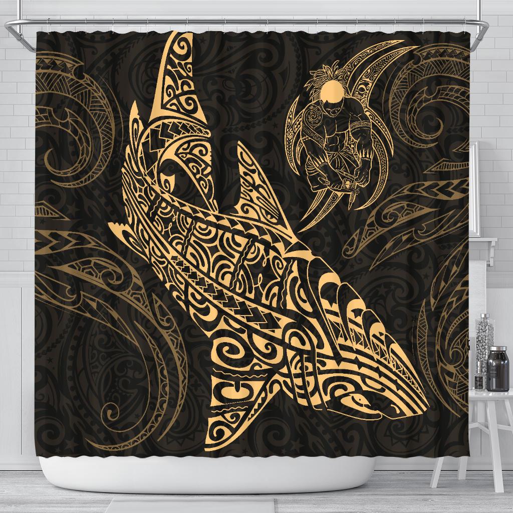 Shark Polynesian Shower Curtain - Polynesian Tattoo Gold 177 x 172 (cm) Gold - Polynesian Pride