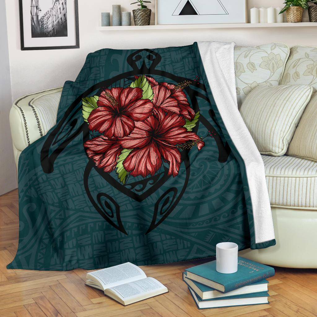 Hawaii Turtle Hibiscus Polynesian Premium Blankets White - Polynesian Pride