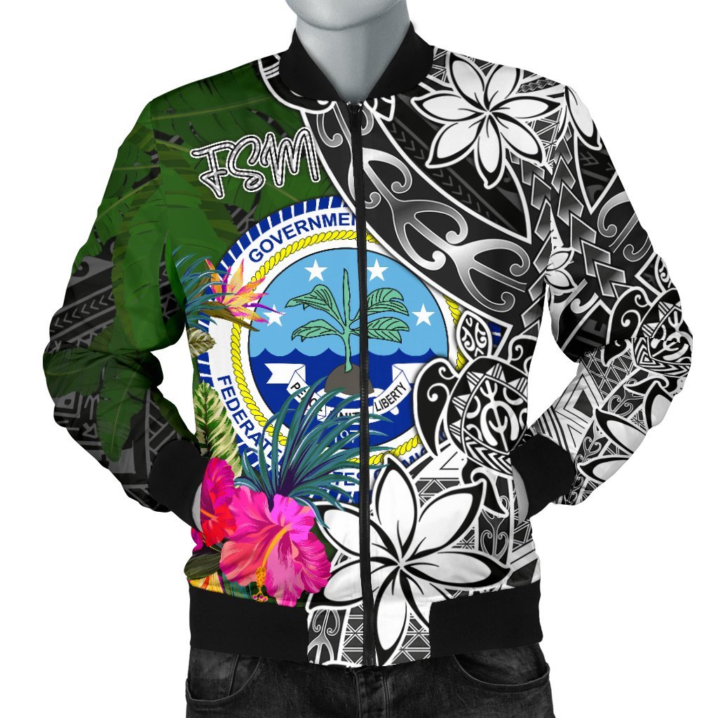 Federated States of Micronesia Men Bomber Jacket - Turtle Plumeria Banana Leaf Black - Polynesian Pride