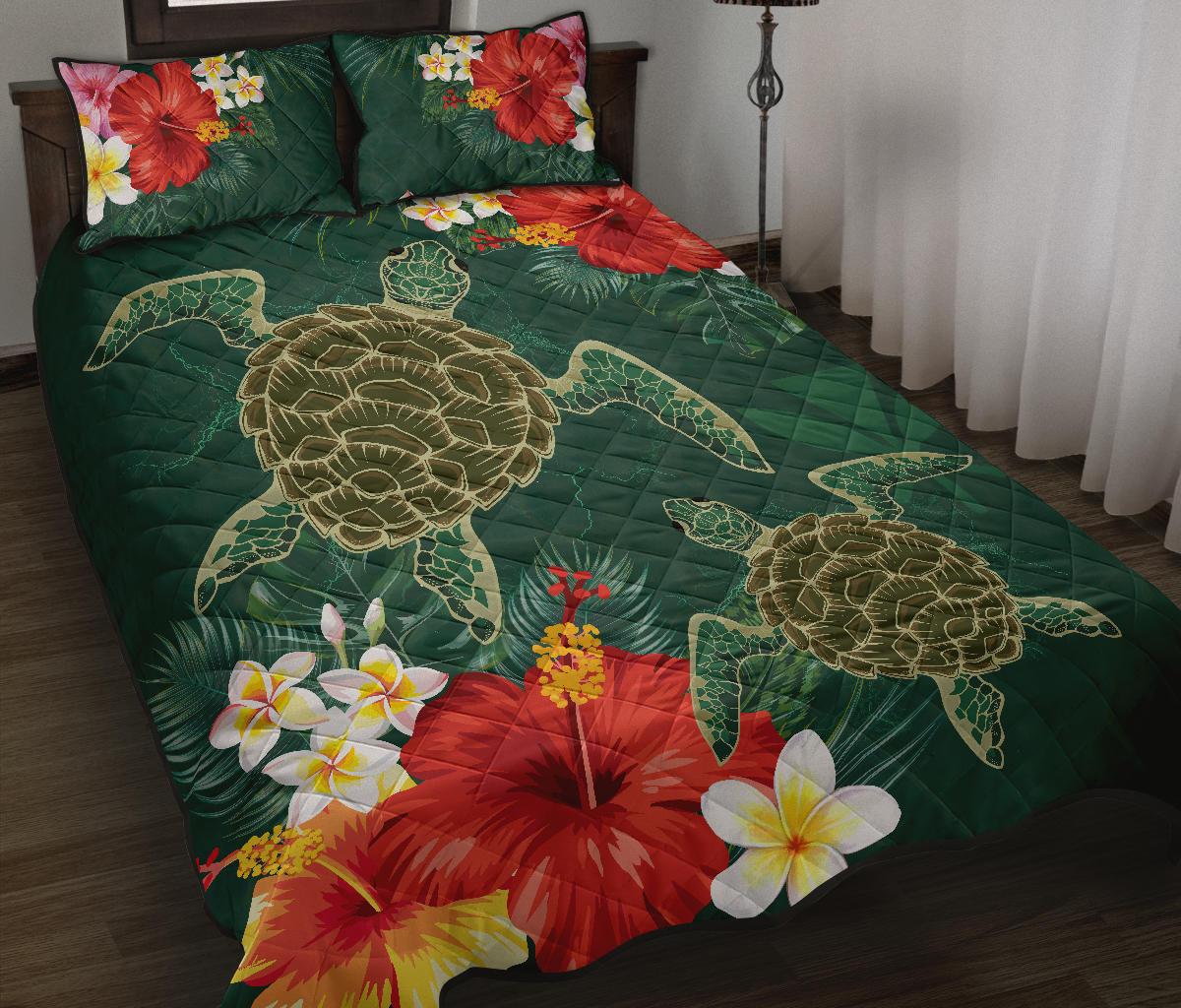 Hawaii Sea Turtle Hibiscus Plumeria Quilt Bed Set - Polynesian Pride