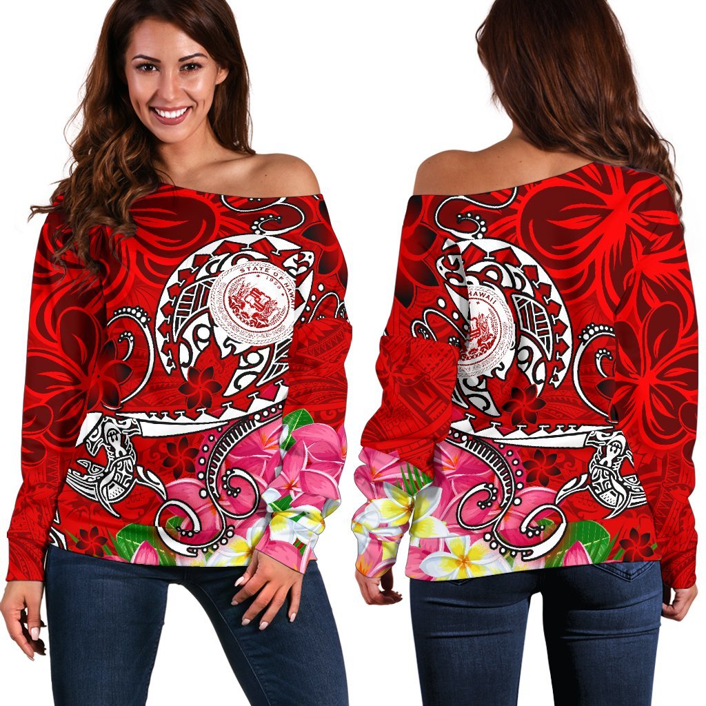 Hawaii Polynesian Women's Off Shoulder Sweater - Hawaii Seal With Turtle Plumeria (Red) Red - Polynesian Pride