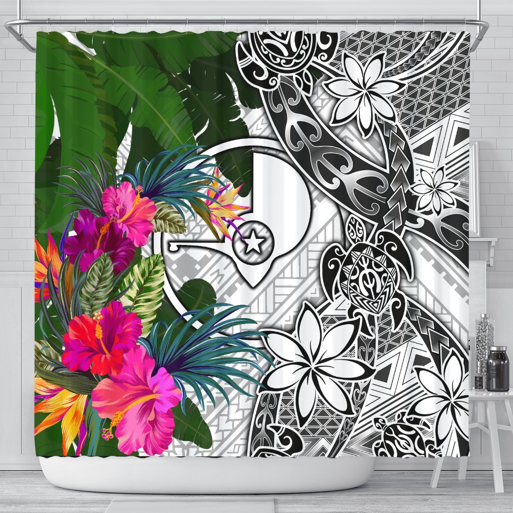 Yap Shower Curtain White - Turtle Plumeria Banana Leaf 177 x 172 (cm) White - Polynesian Pride