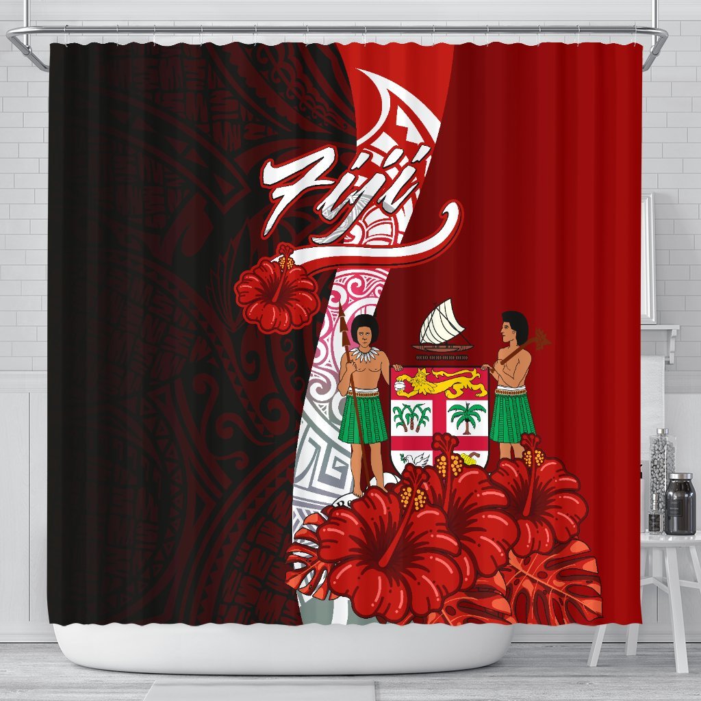 Fiji Polynesian Shower Curtain - Coat Of Arm With Hibiscus 177 x 172 (cm) Red - Polynesian Pride