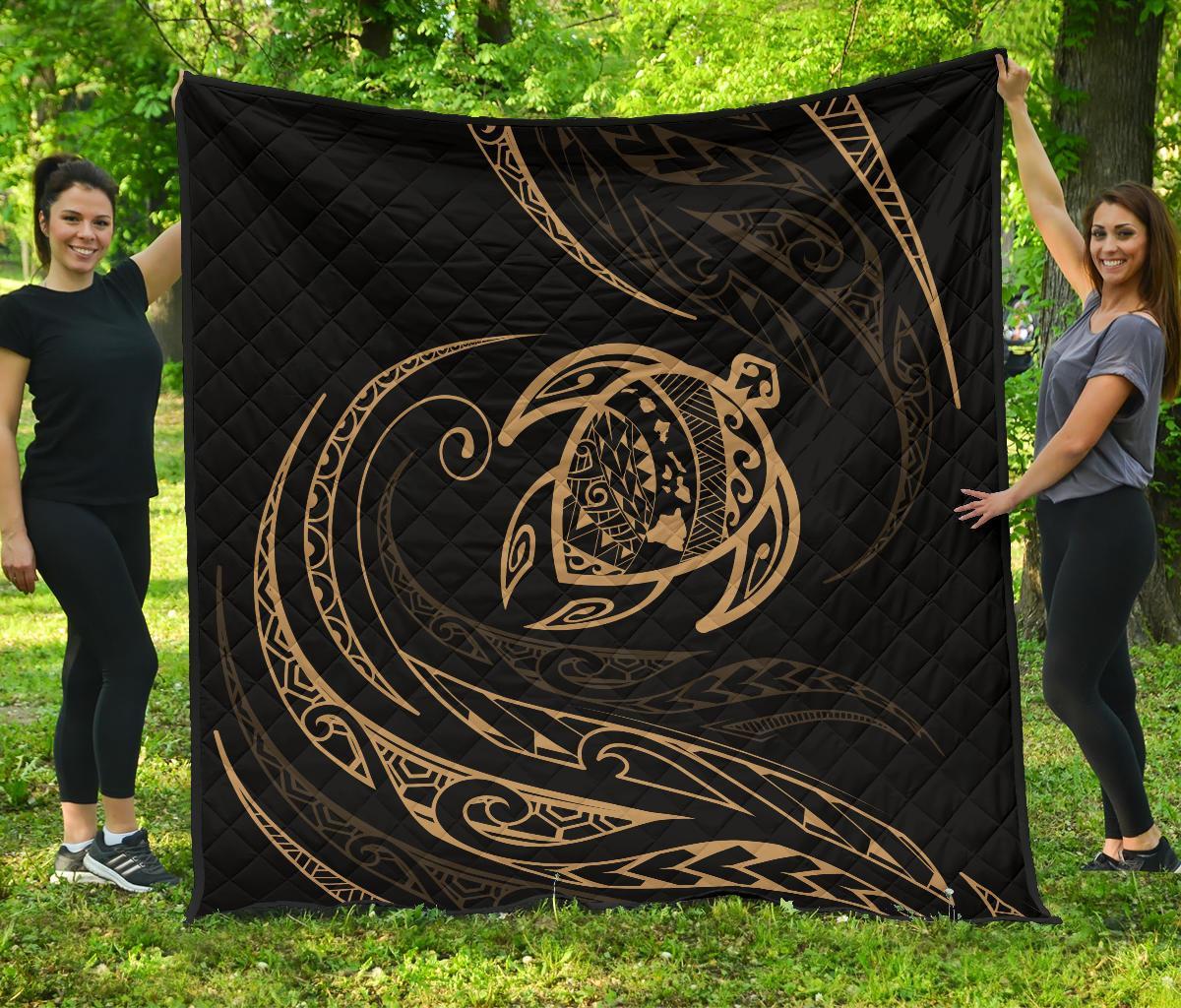 Hawaii Turtle Premium Quilt - Gold - Frida Style Black - Polynesian Pride