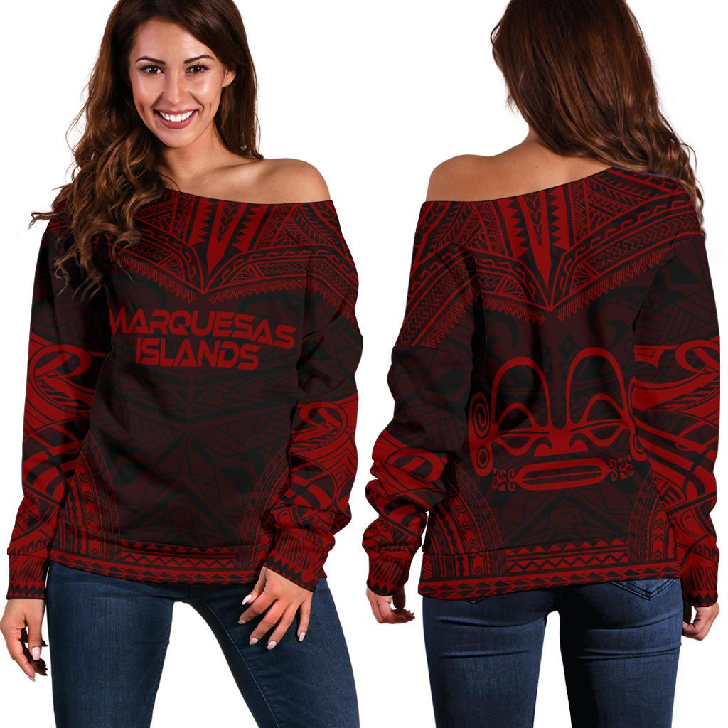 Marquesas Islands Polynesian Chief Women's Off Shoulder Sweater - Red Version Red - Polynesian Pride