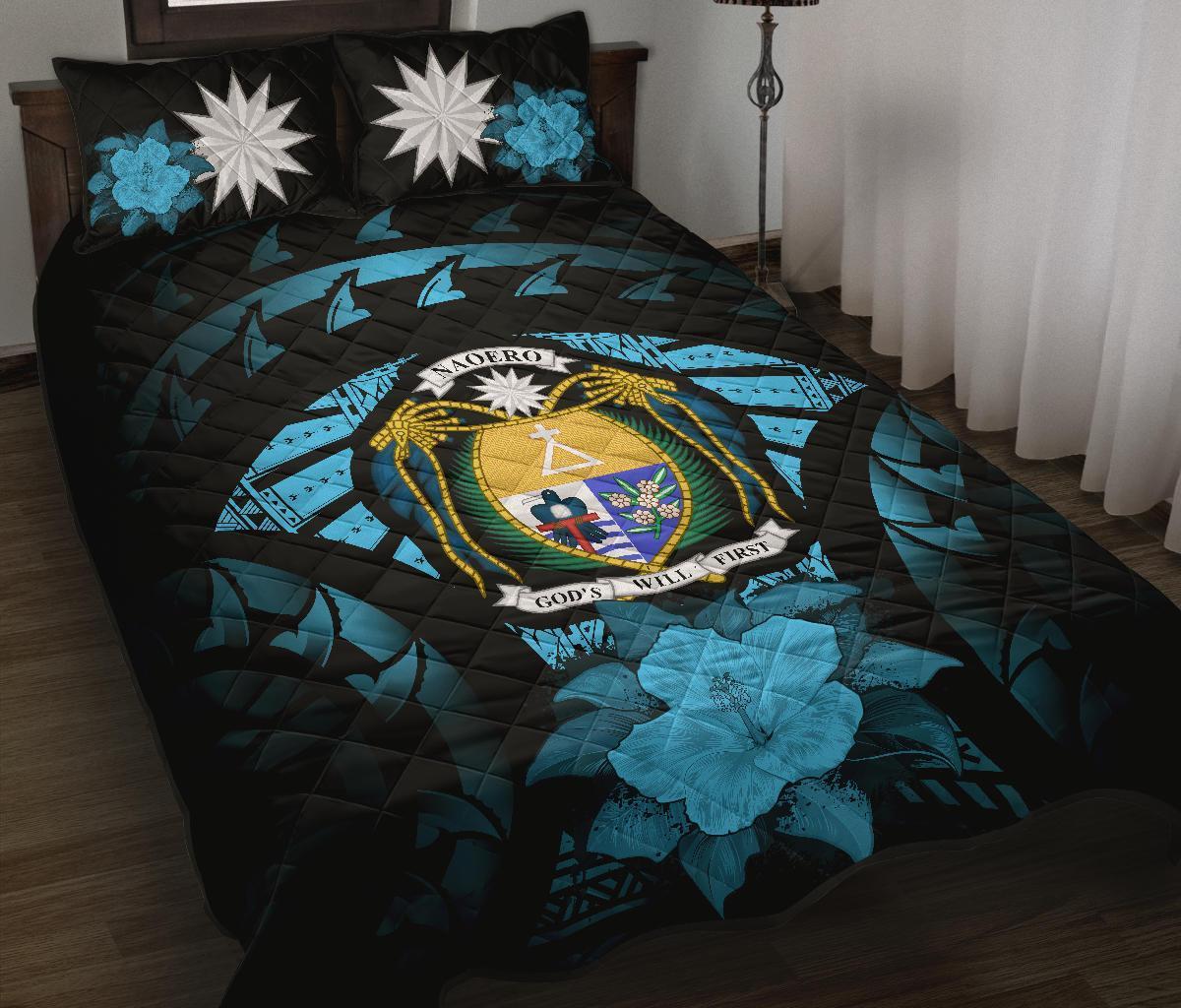 Nauru Polynesian Quilt Bed Set Hibiscus Blue Black - Polynesian Pride