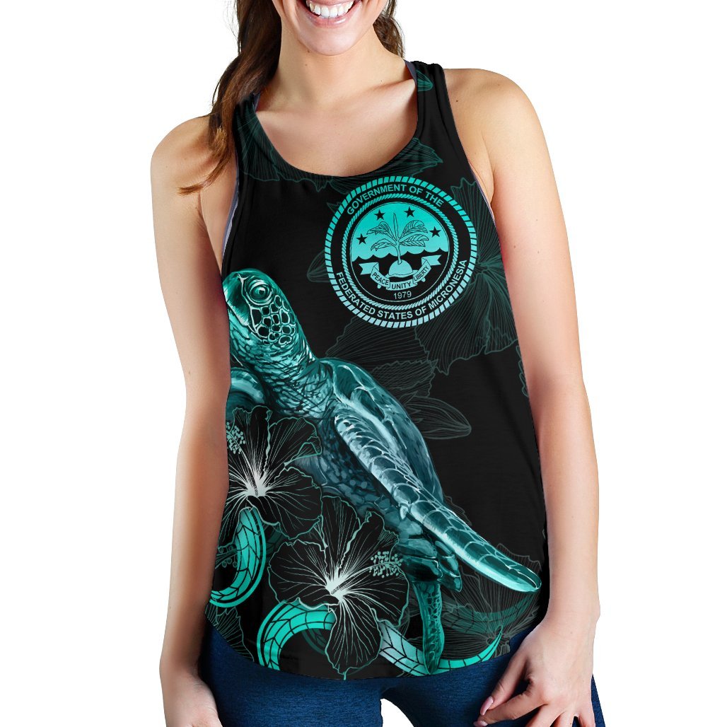 Federated States of Micronesia Polynesian Women Tank Top - Turtle With Blooming Hibiscus Turquoise - Polynesian Pride
