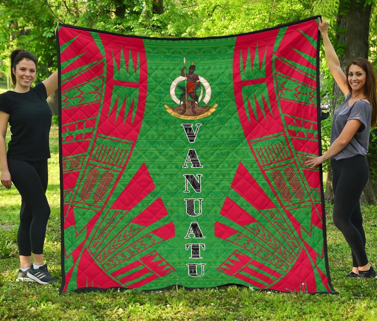 Vanuatu Premium Quilt - Vanuatu Coat Of Arms Polynesian Red Tattoo (Green) - Polynesian Pride