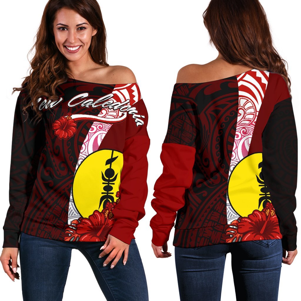 New Caledonia Polynesian Women's Off Shoulder Sweater - Coat Of Arm With Hibiscus Red - Polynesian Pride