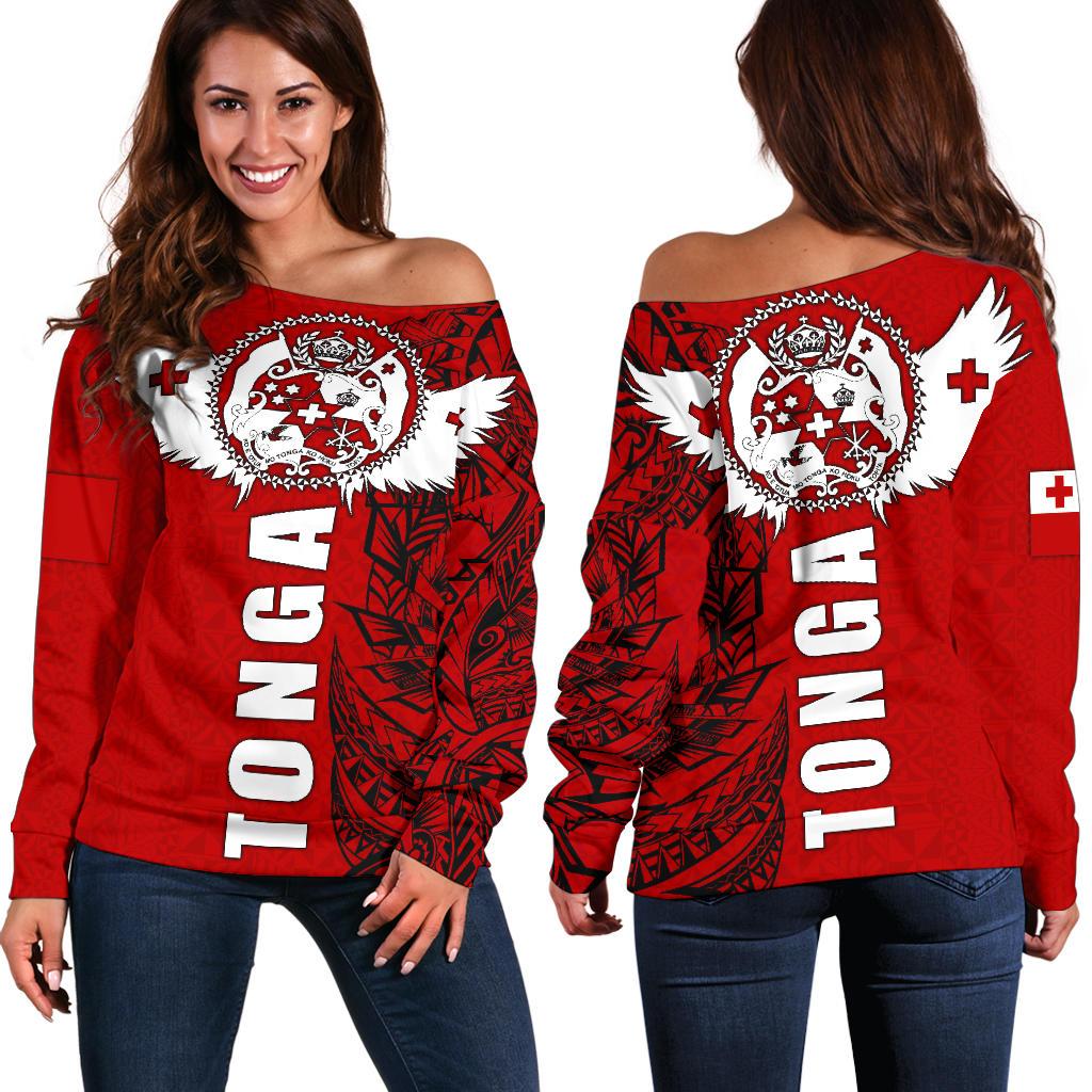 Tonga Polynesian Off Shoulder Sweater - Tonga Wings Red - Polynesian Pride