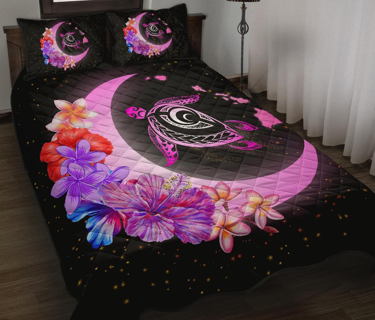 Hawaii Map Moon Star Turtle Plumeria Hibiscus Quilt Bed Set Black - Polynesian Pride