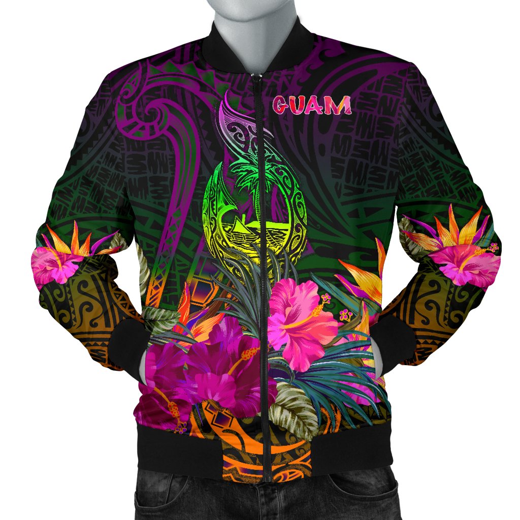 Guam Polynesian Men's Bomber Jacket - Summer Hibiscus Reggae - Polynesian Pride