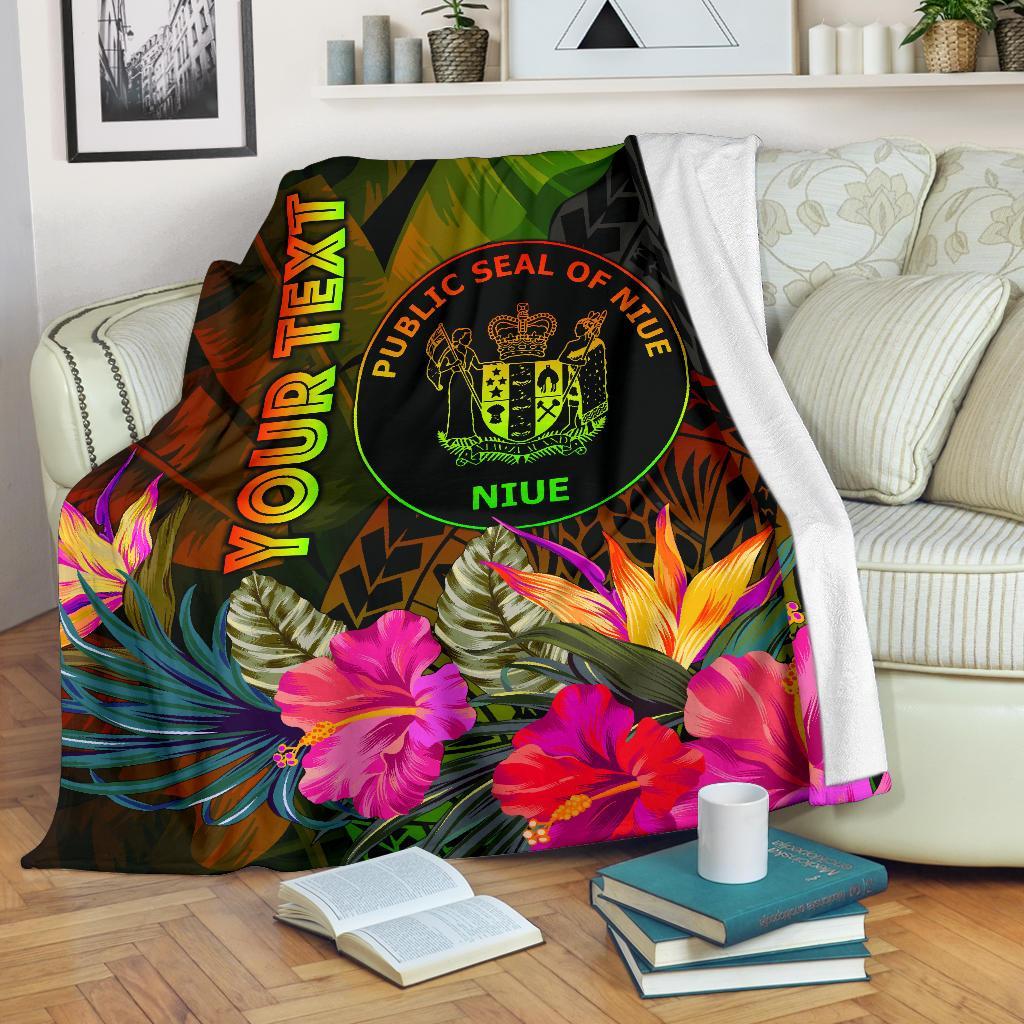 Niue Polynesian Personalised Premium Blanket - Hibiscus and Banana Leaves White - Polynesian Pride