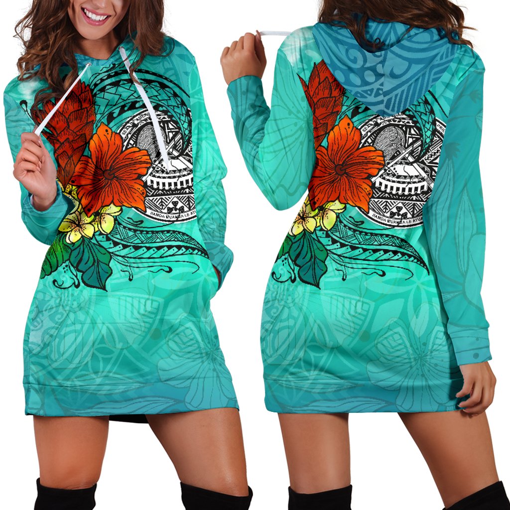 American Samoa Hoodie Dress - Tropical Flowers Style Blue - Polynesian Pride