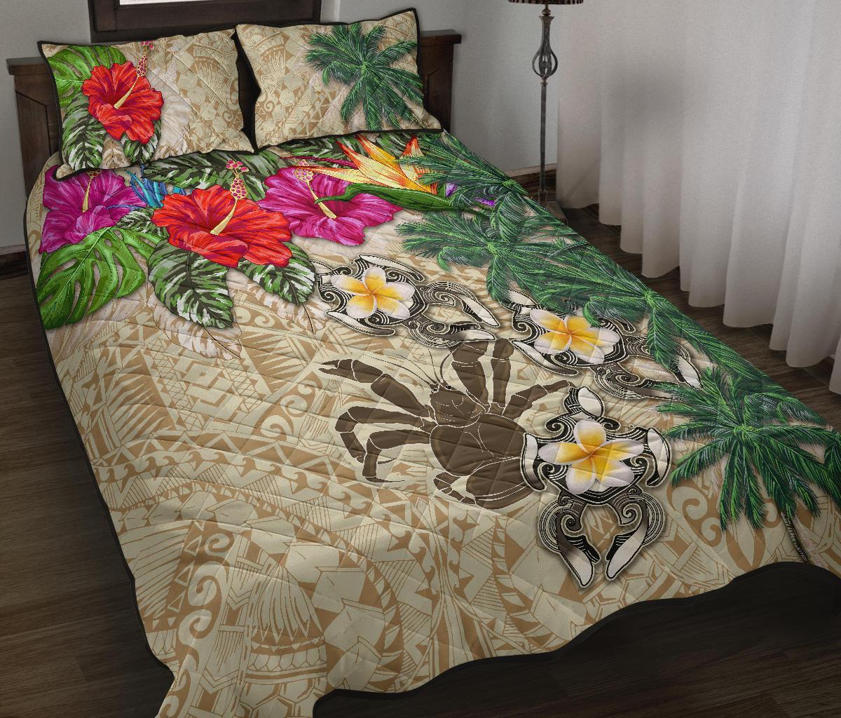 Niue Polynesian Quilt Bed Set - Hibiscus Turtle Tattoo Beige Beige - Polynesian Pride