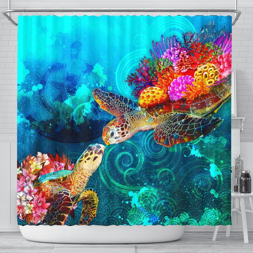 Vanuatu American Samoa Shower Curtain - Sea Turtle Coral Treasure 177 x 172 (cm) BLACK - Polynesian Pride