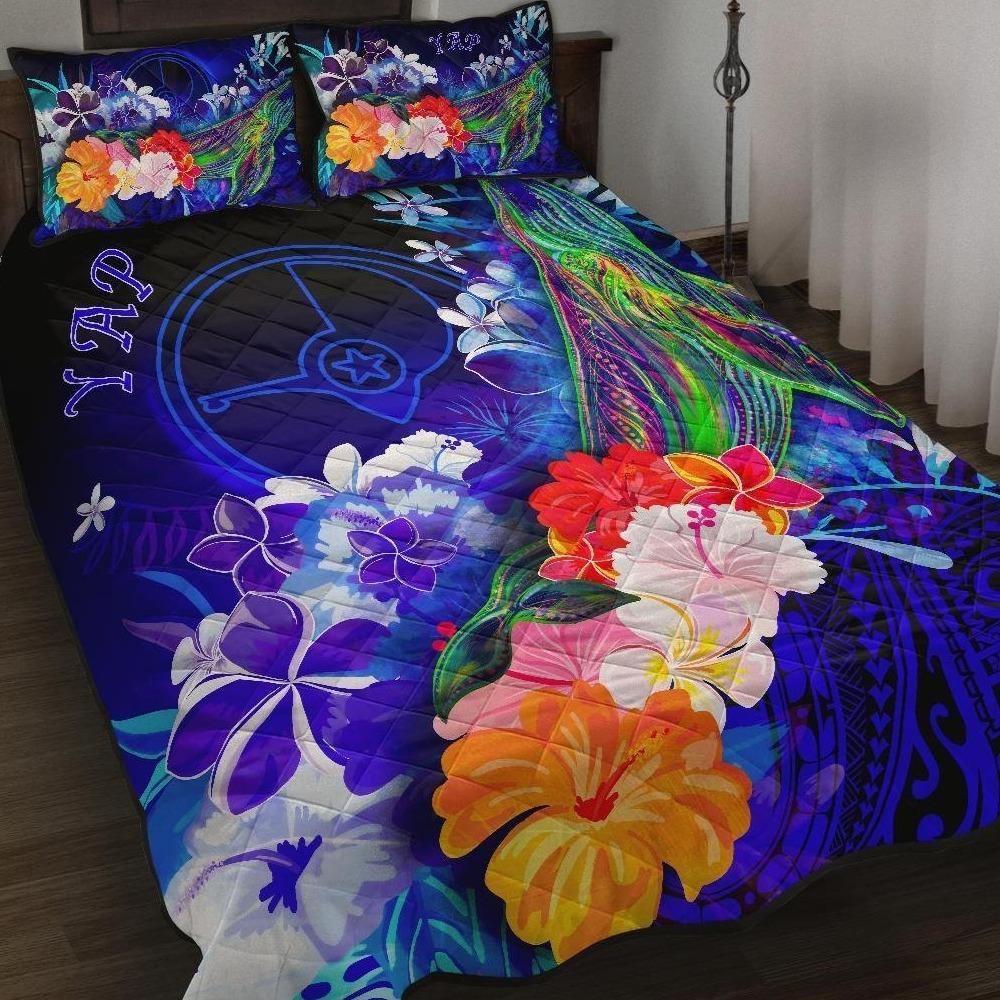 Custom Personalised Yap Quilt Bed Set - Humpback Whale with Tropical Flowers (Blue) Blue - Polynesian Pride