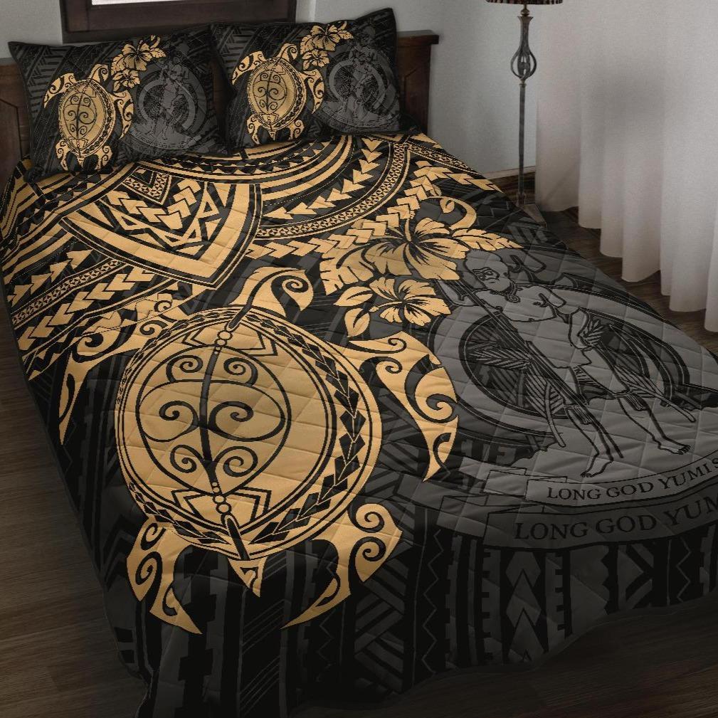 Vanuatu Polynesian Quilt Bed Set - Vanuatu Coat Of Arms & Gold Turtle Hibiscus GOLD - Polynesian Pride