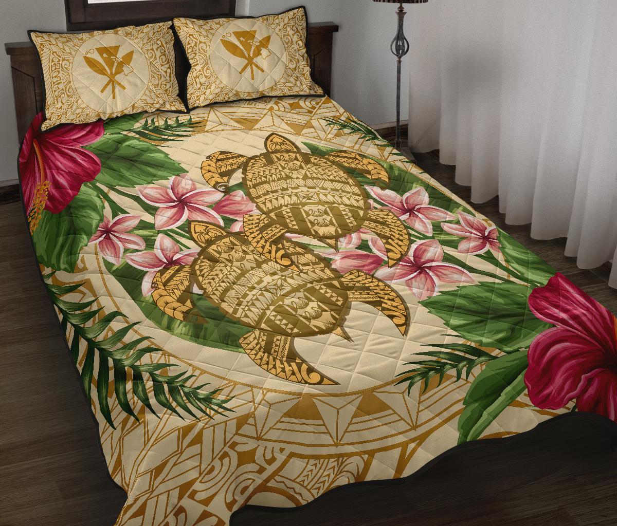 Hawaii Quilt Bed Set - Turtle Strong Pattern Hibiscus Plumeria AH Gold - Polynesian Pride