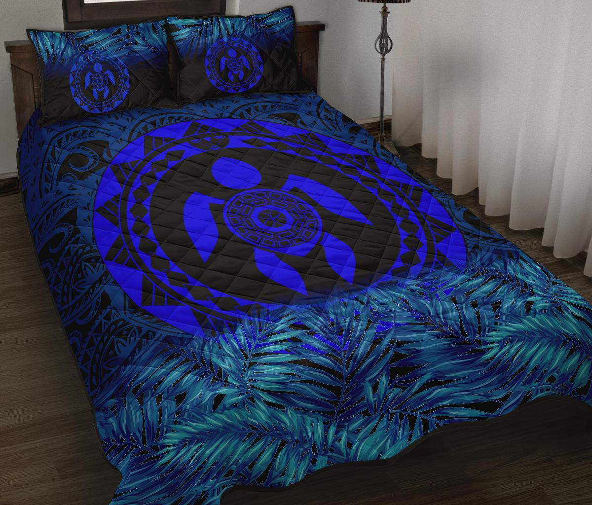 Polynesian Quilt Bed Set - Blue Turtle Palm Black Version Blue - Polynesian Pride