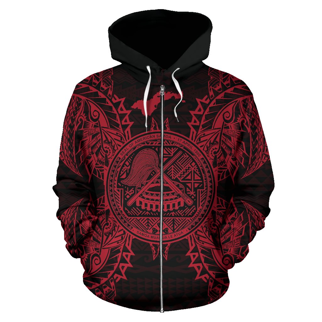 American Samoa Polynesian All Over Zip up Hoodie Map Red - Polynesian Pride