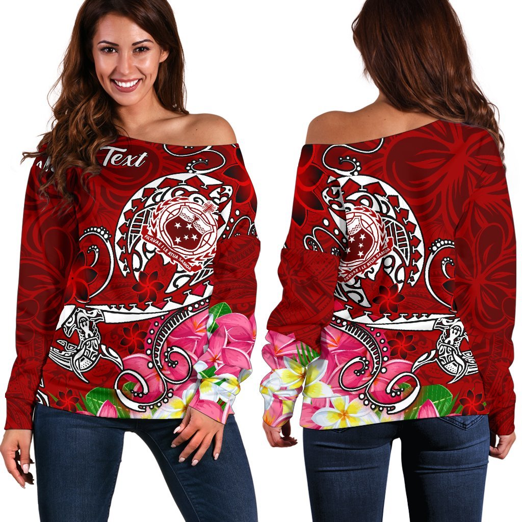 Samoa Custom Personalised Women's Off Shoulder Sweater - Turtle Plumeria (Red) Red - Polynesian Pride