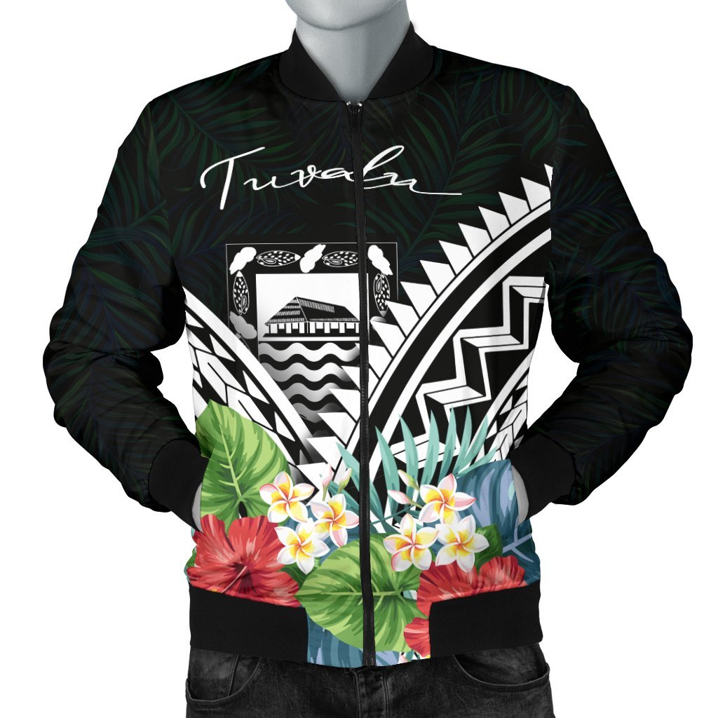 Tuvalu Men's Bomber Jacket - Tuvalu Caledonia Coat of Arms & Polynesian Tropical Flowers White White - Polynesian Pride