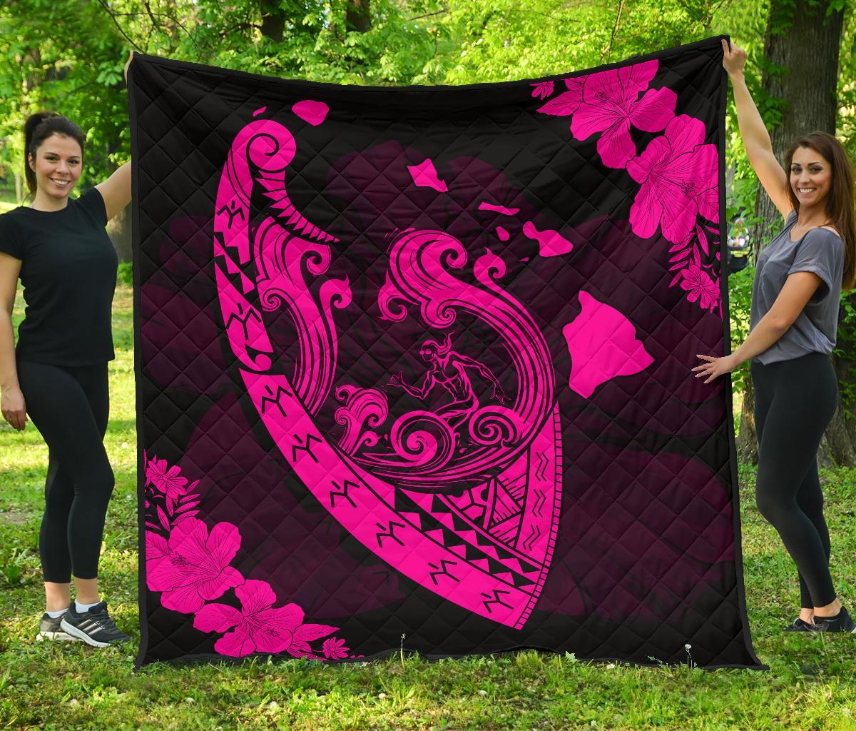 Hawaii Hibiscus Banzai Surfing Premium Quilt Pink Pink - Polynesian Pride