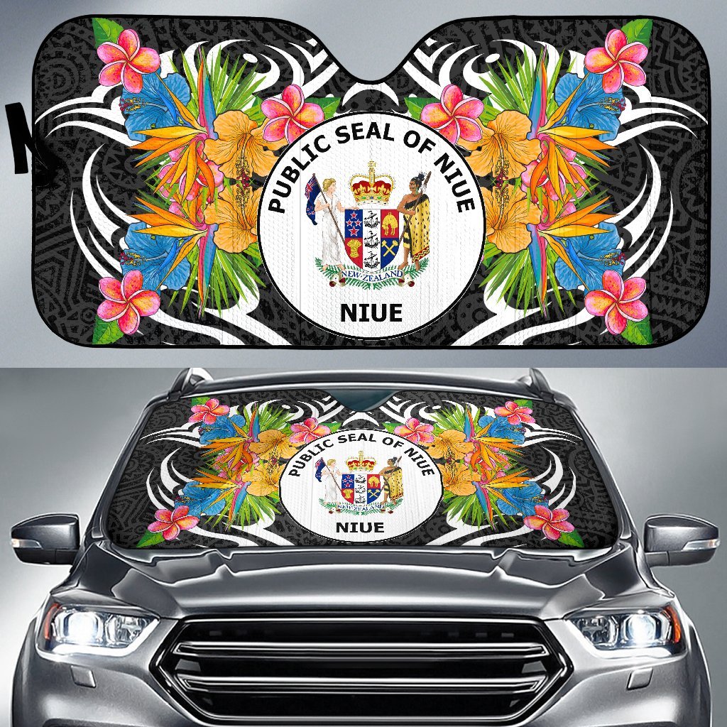 Niue Auto Sun Shades - Coat Of Arms With Tropical Flowers Auto Sun Shade - Niue Universal Fit Black - Polynesian Pride